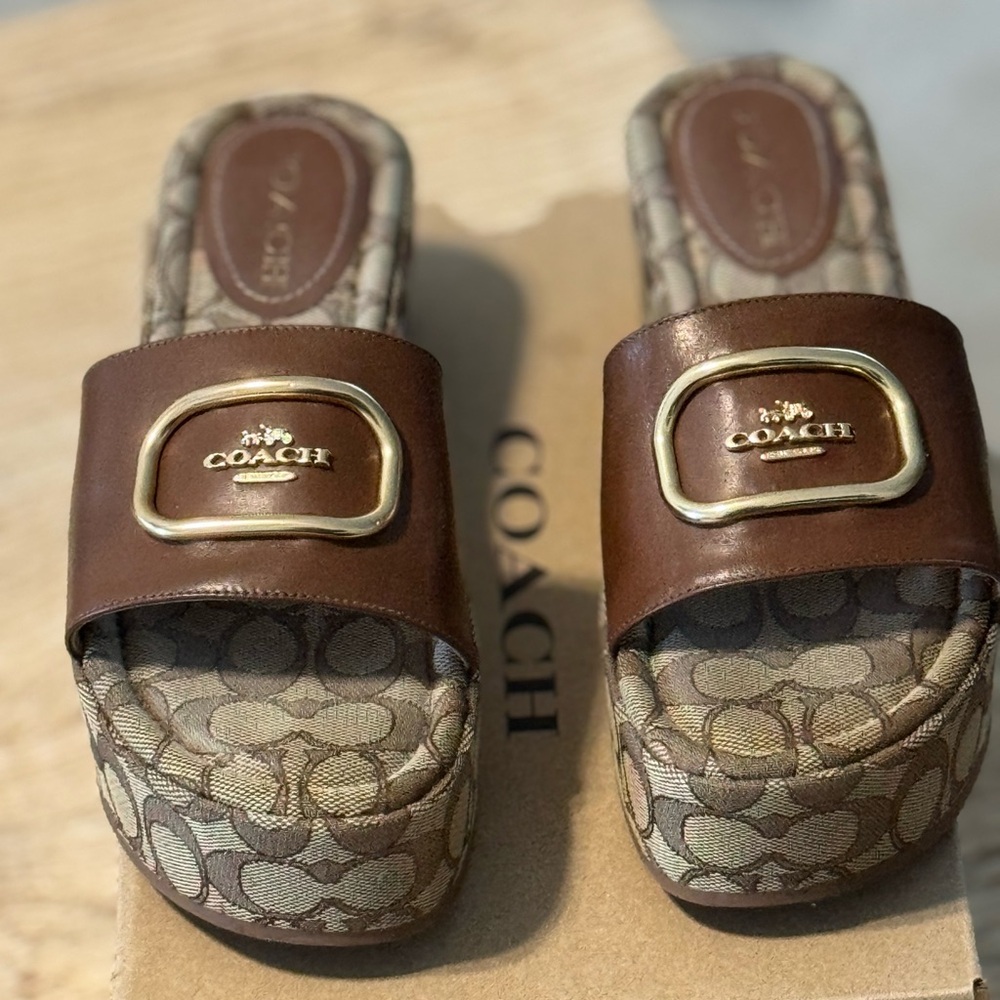 Coach Brown and Gold Patterned Slides
